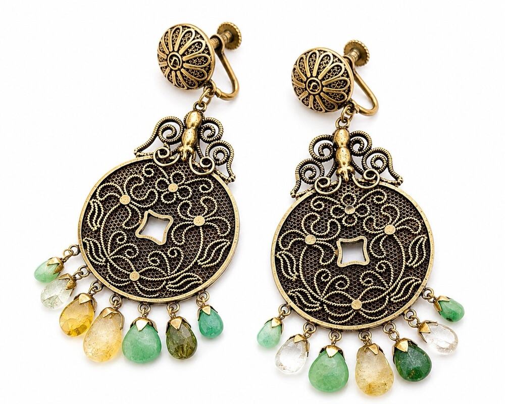 VtG 1930s Chinese Export Coin Filigree Mesh Dangle Green Stone Beads Earrings